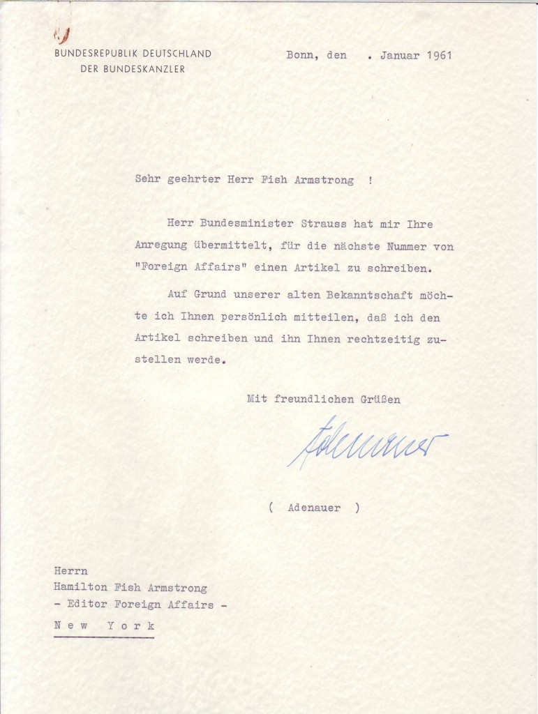 ADENAUER, KONRAD. Typed Letter Signed, Adenauer, to Foreign Affairs Editor Hamilton Fish Armstrong, in German,